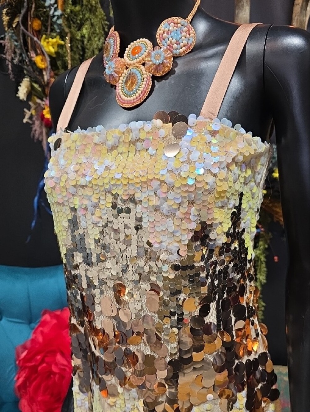 Luxxel Iridescent Sequin Mini Dress - Champagne, Rose, Gold - Picture 3 of 13